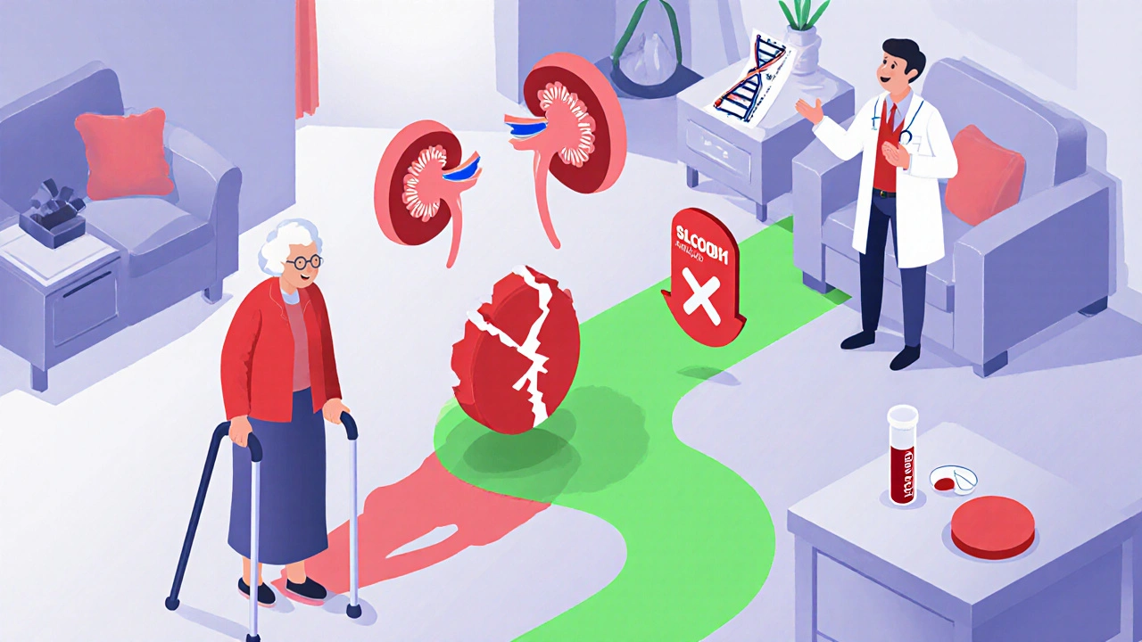 Elderly patient surrounded by risk factors, with a safe alternative statin and blood test guiding her to safety.