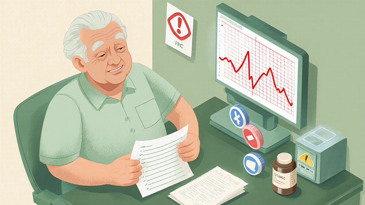 Elderly patient with medication list and heart ECG overlay in doctor&#039;s office