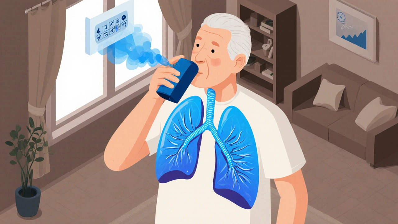 Elderly person using an inhaler with visualized mist opening airways in cartoon-style isometric room