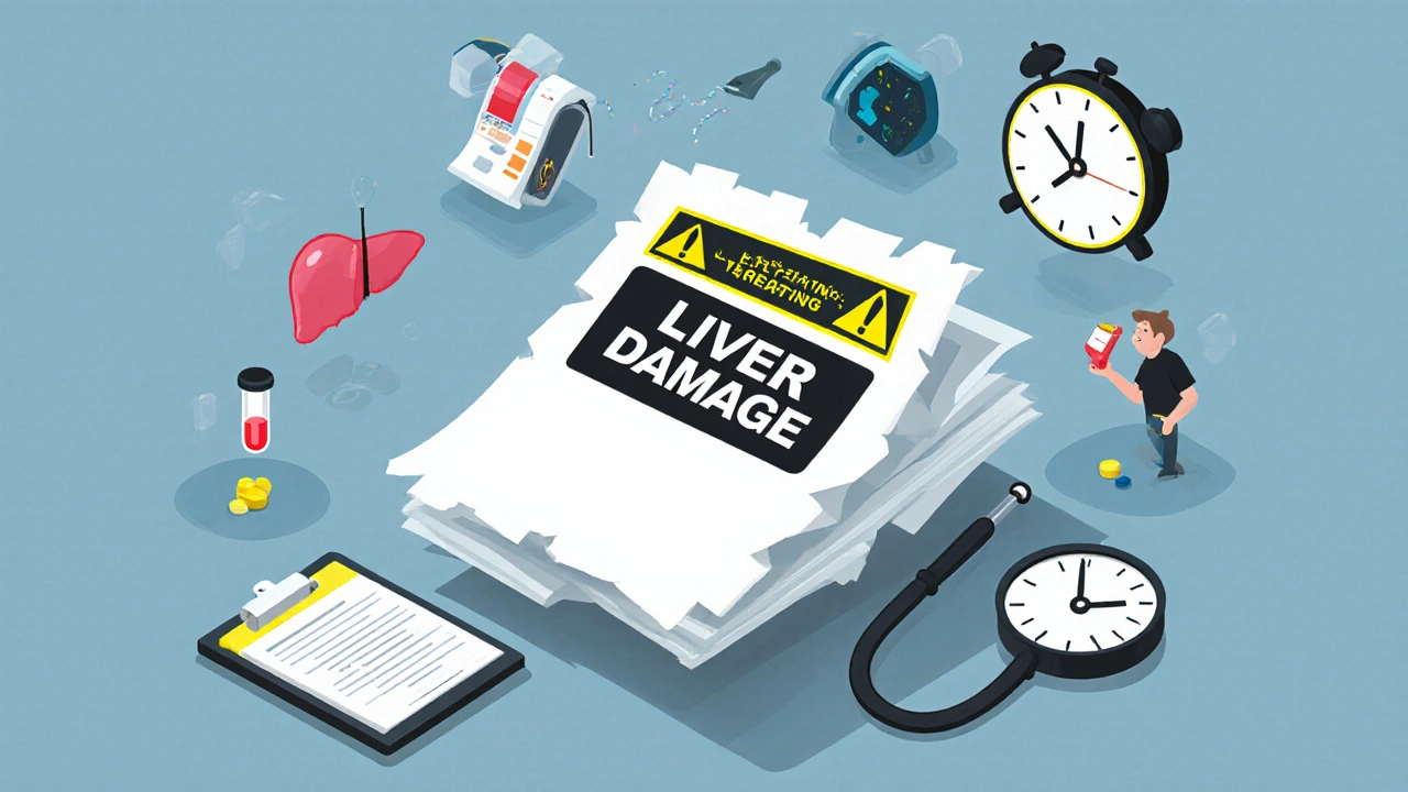 Floating medical chart with a black box warning and icons of health monitoring tools in isometric cartoon style.