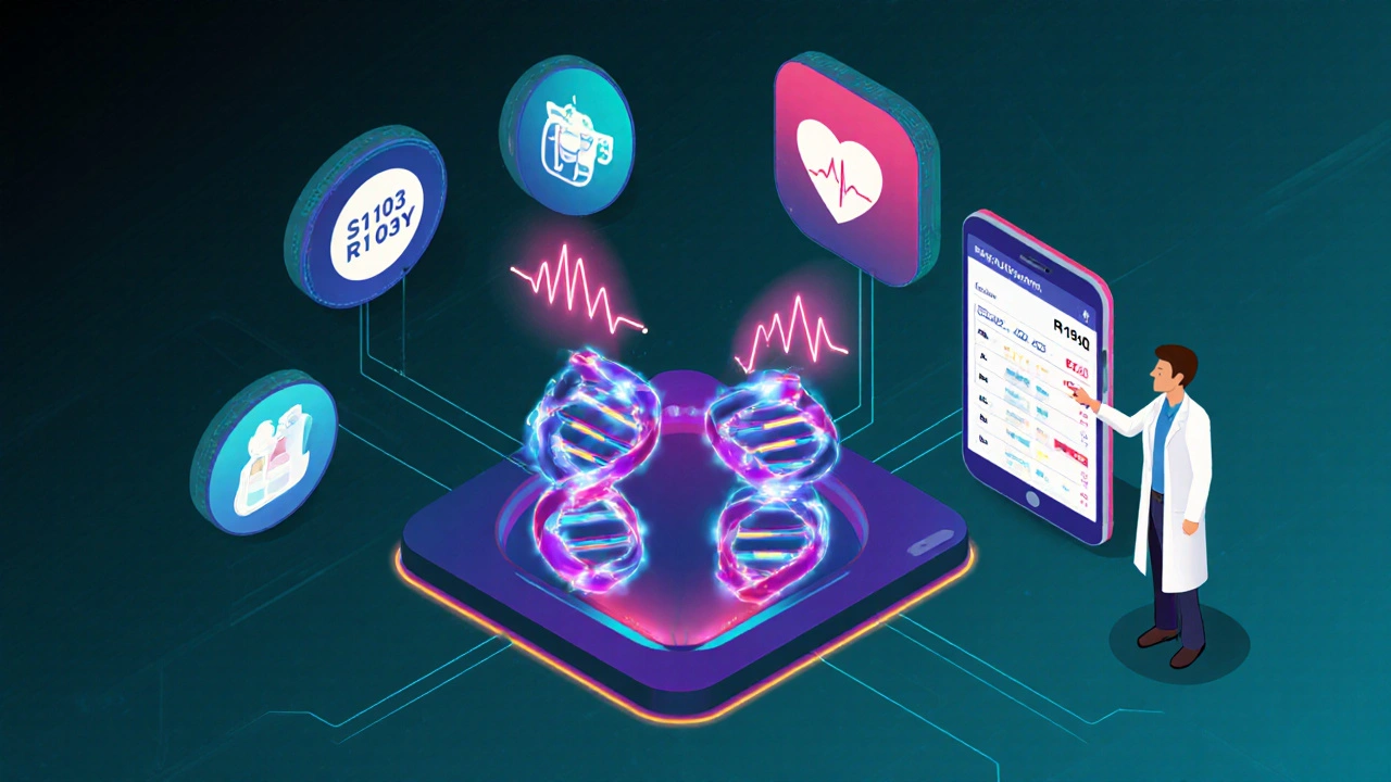 Futuristic medical dashboard showing genetic risk and heart monitoring