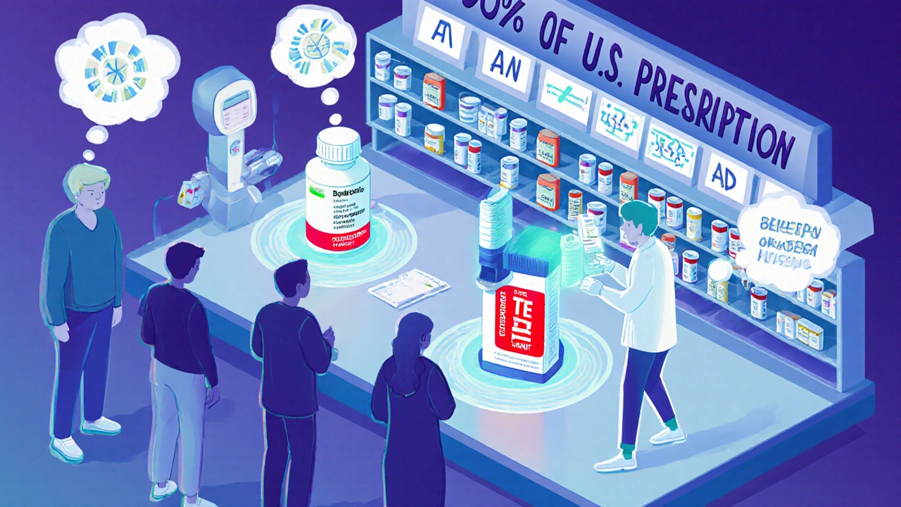 Holographic TE codes floating above generic drugs in a pharmacy, with one inhaler flagged as unverified.