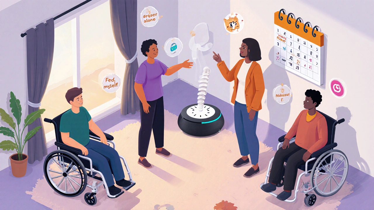Home setting with wheelchair user, peer mentor, and smart home tech, showing daily independence milestones.