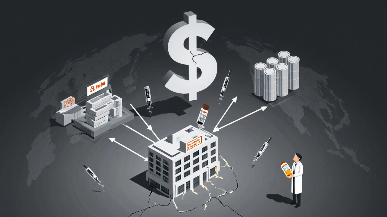 Hospital connected to cracked overseas factories, pharmacist holding last vial under profit pressure.