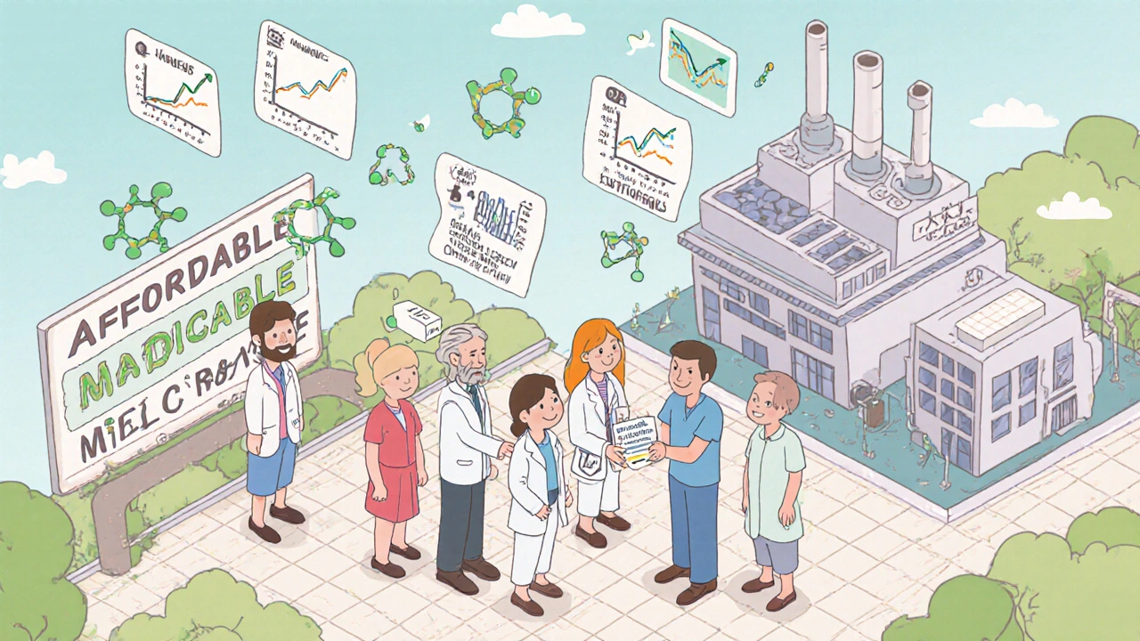 Hospital courtyard with patients receiving generics, rising health charts, and a biosimilar factory in the background.