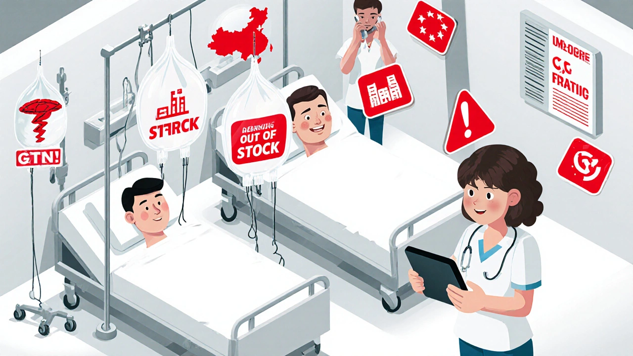 ICU patients with empty IV bags, nurse facing stockout alert while pharmacist calls for help.