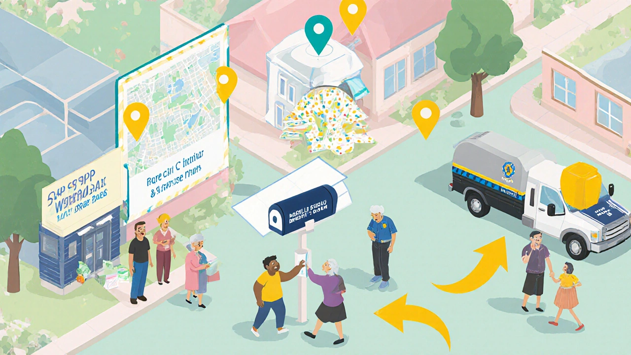 Isometric neighborhood scene showing three ways to dispose of unused drugs: drop box, mail-back, and mobile unit.
