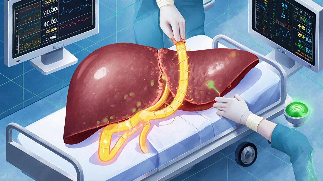 Isometric view of liver transplant surgery with removed and implanted organs and medical monitors.