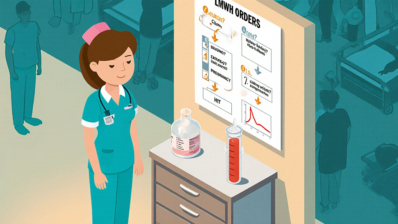 Nurse at a cart with a flowchart guiding when to order anti-Xa tests for LMWH patients.