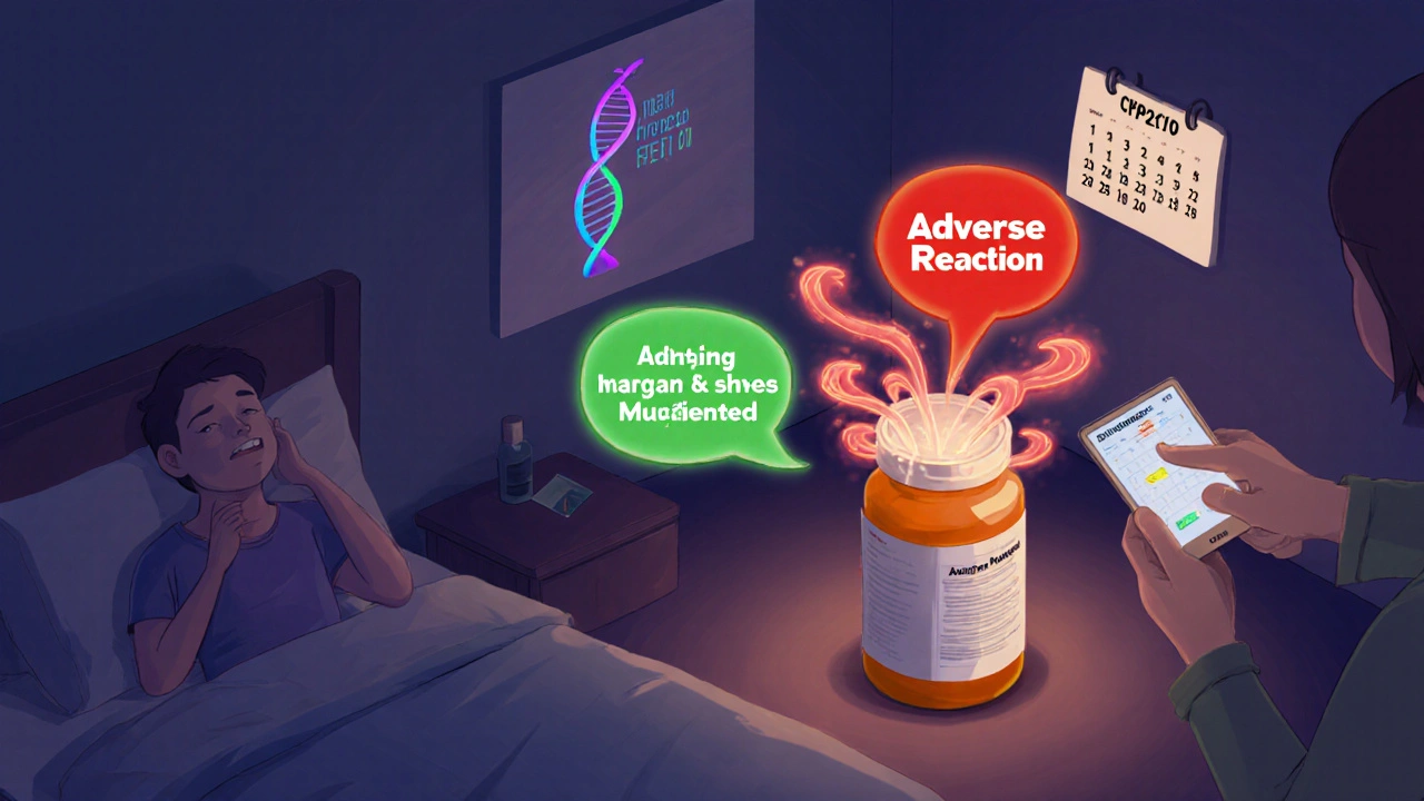 Patient at home with mild side effects vs. severe adverse reaction, with genetic marker visible.