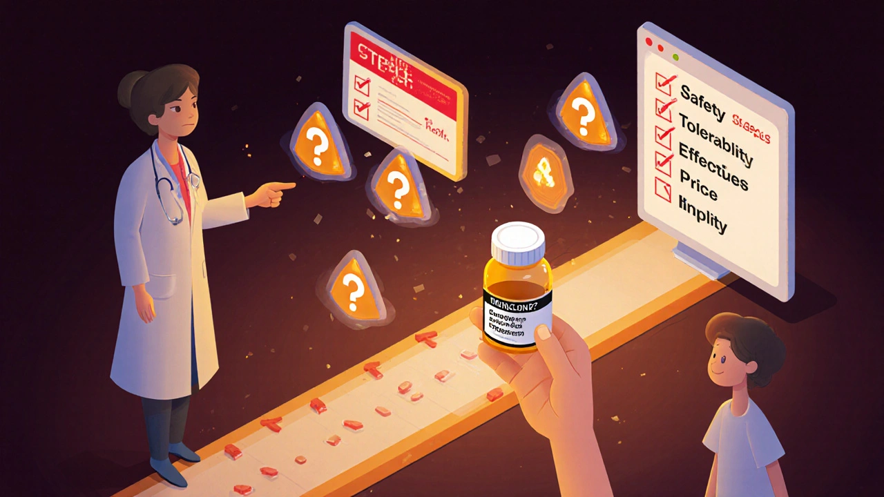 Patient holding a pill bottle with glowing black box warning, surrounded by question marks and a STEPS checklist in isometric style.
