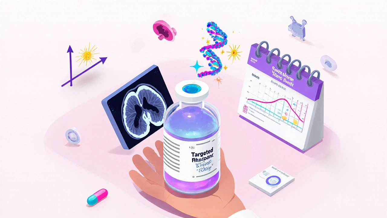 Patient holding an MRI that turns into a liquid biopsy vial, with DNA strands forming mutations and a rising survival curve in the background.