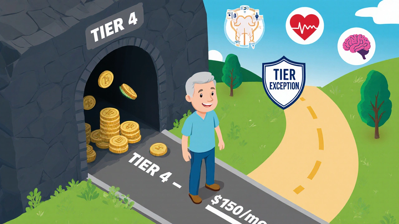 Person choosing affordable medication path over expensive one, guided by tier exception shield and medical icons.