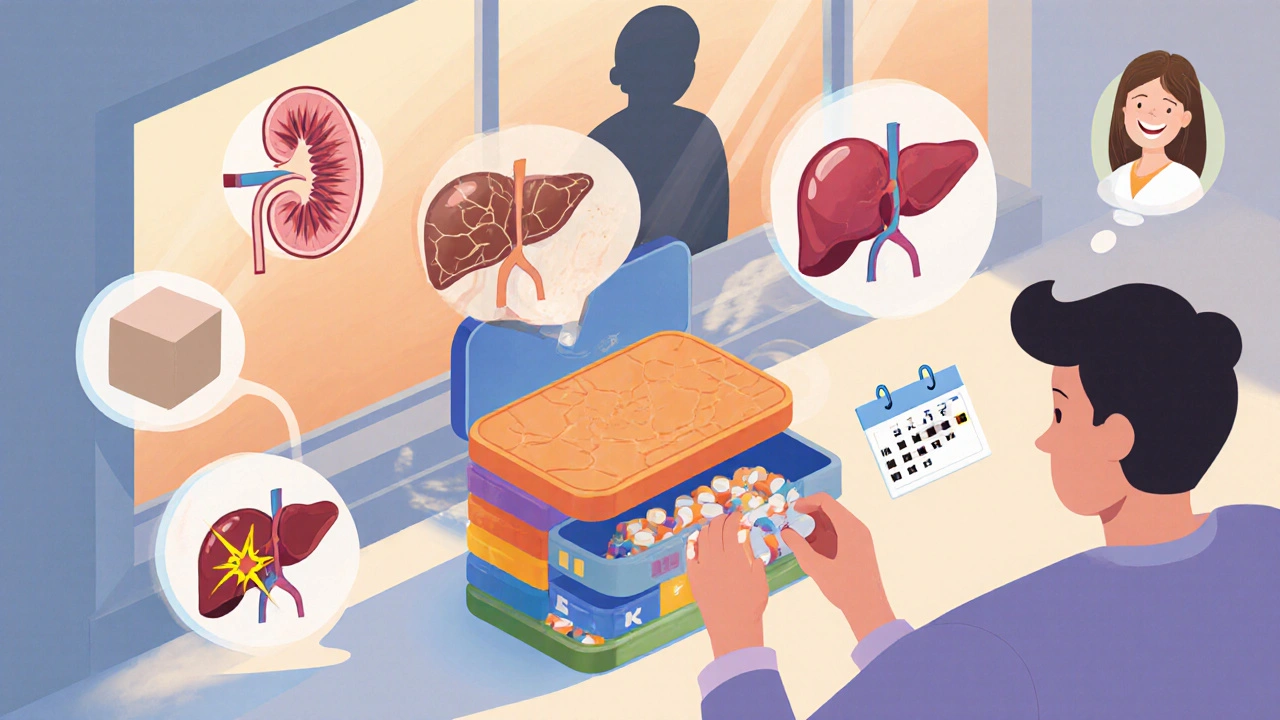 Person managing post-transplant life with floating health icons and a glowing new liver.