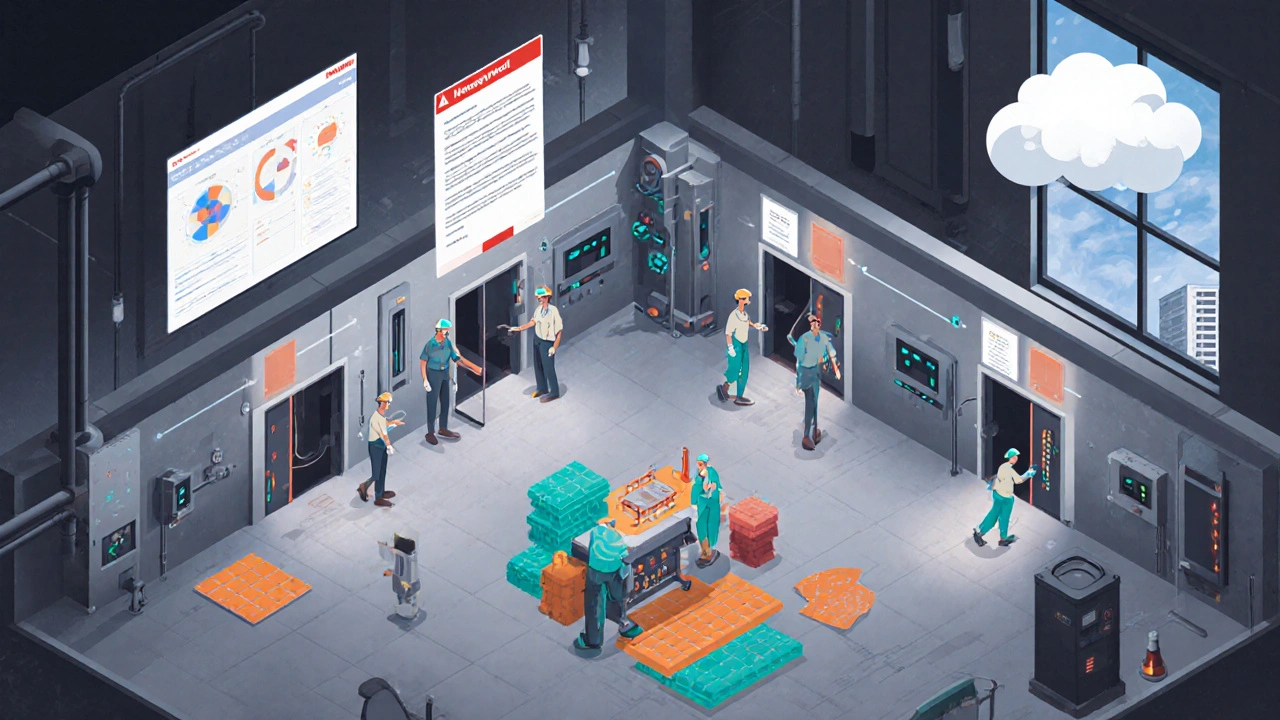 Pharmaceutical facility with AI monitoring and staff on staggered shifts, using low-cost contamination controls.