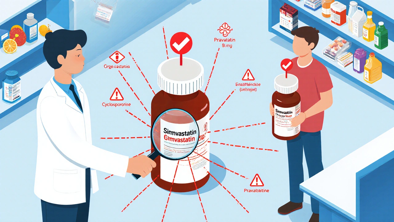 Pharmacist comparing high-risk and low-risk statins using a magnifying glass in a clean isometric pharmacy.
