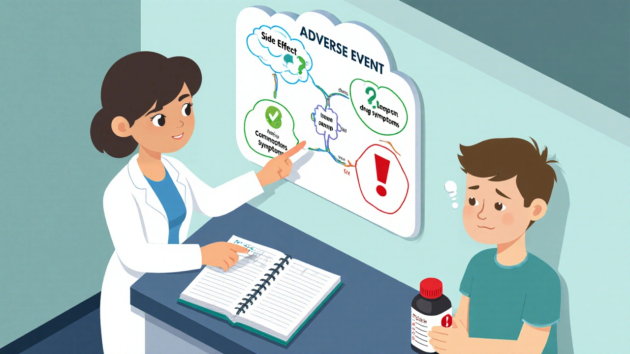 Pharmacy flowchart showing the difference between adverse events, side effects, and drug reactions.