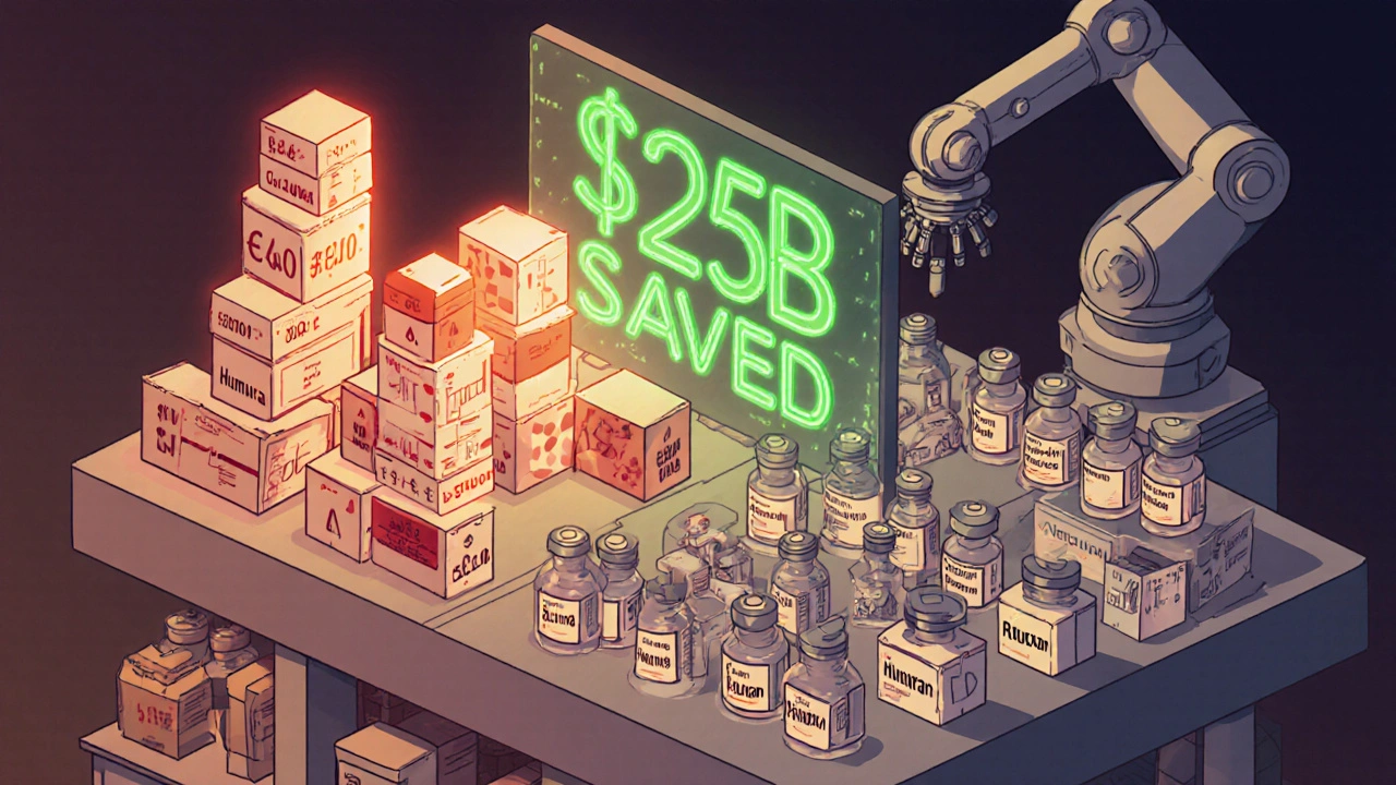 Pharmacy shelf contrast between expensive branded drugs and affordable generics and biosimilars with robotic automation.