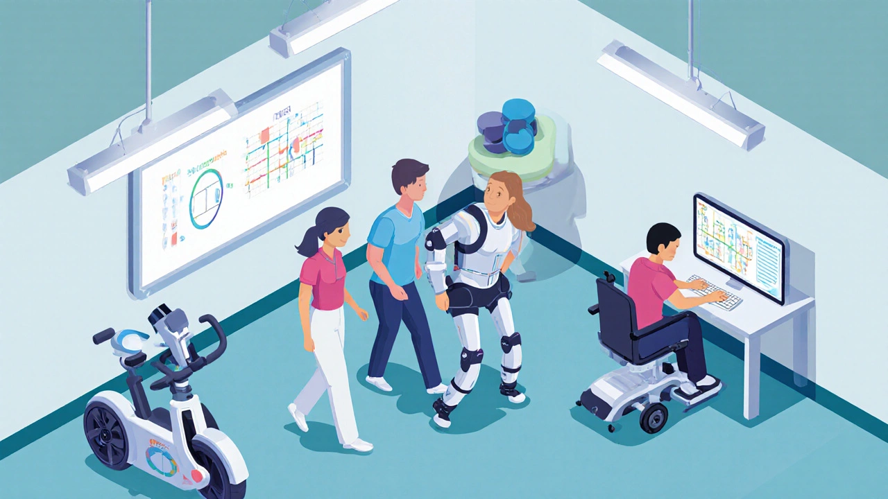 Rehabilitation center scene with patient using exoskeleton, FES bike, and eye-tracking device under professional supervision.