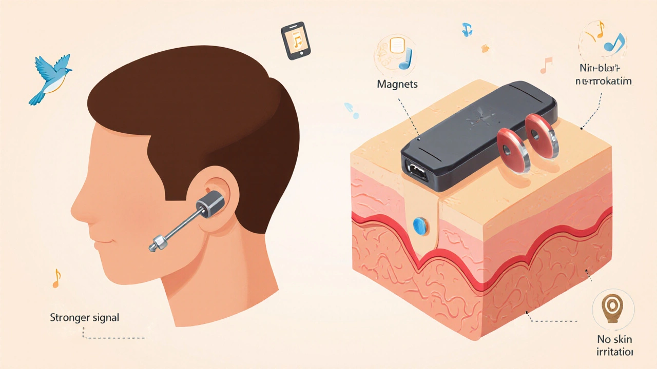 Side-by-side comparison of percutaneous and transcutaneous bone-conduction hearing devices with visual differences.
