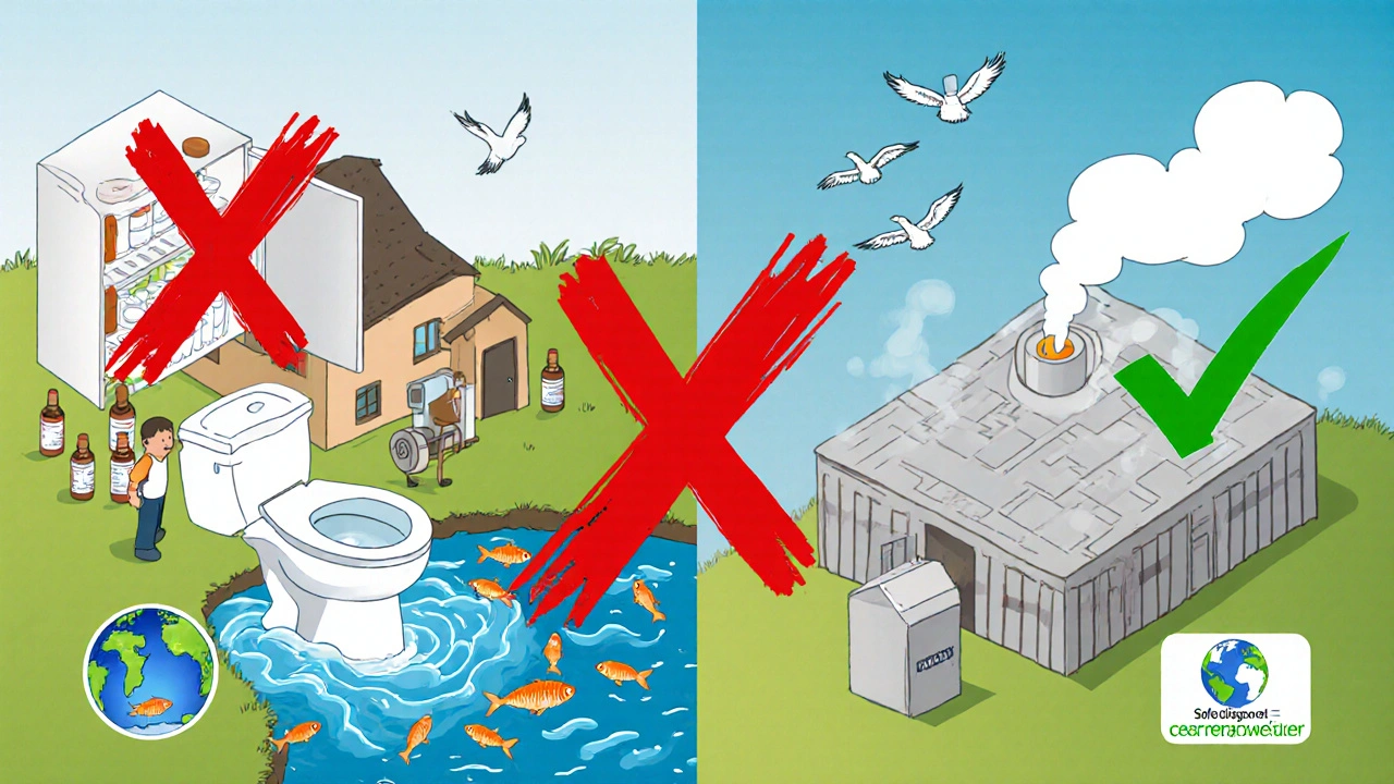 Split illustration comparing dangerous flushing of meds versus safe incineration with environmental impact.