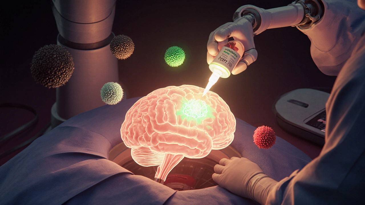 Surgeon using fluorescent light to remove a brain tumor, with molecular markers floating nearby and vorasidenib pills in the background.