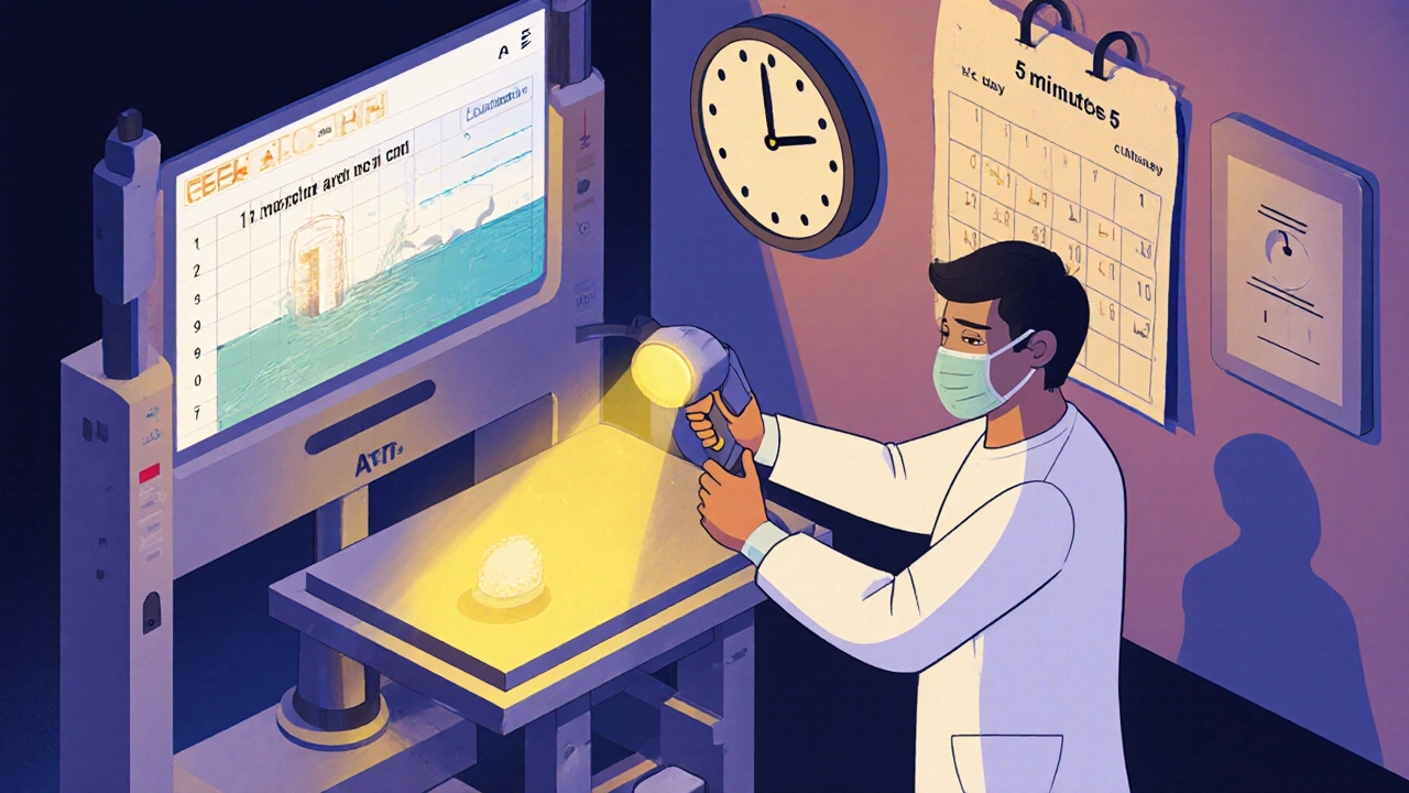 Technician using an ATP tester to detect residue on equipment, with real-time data displayed on a screen.