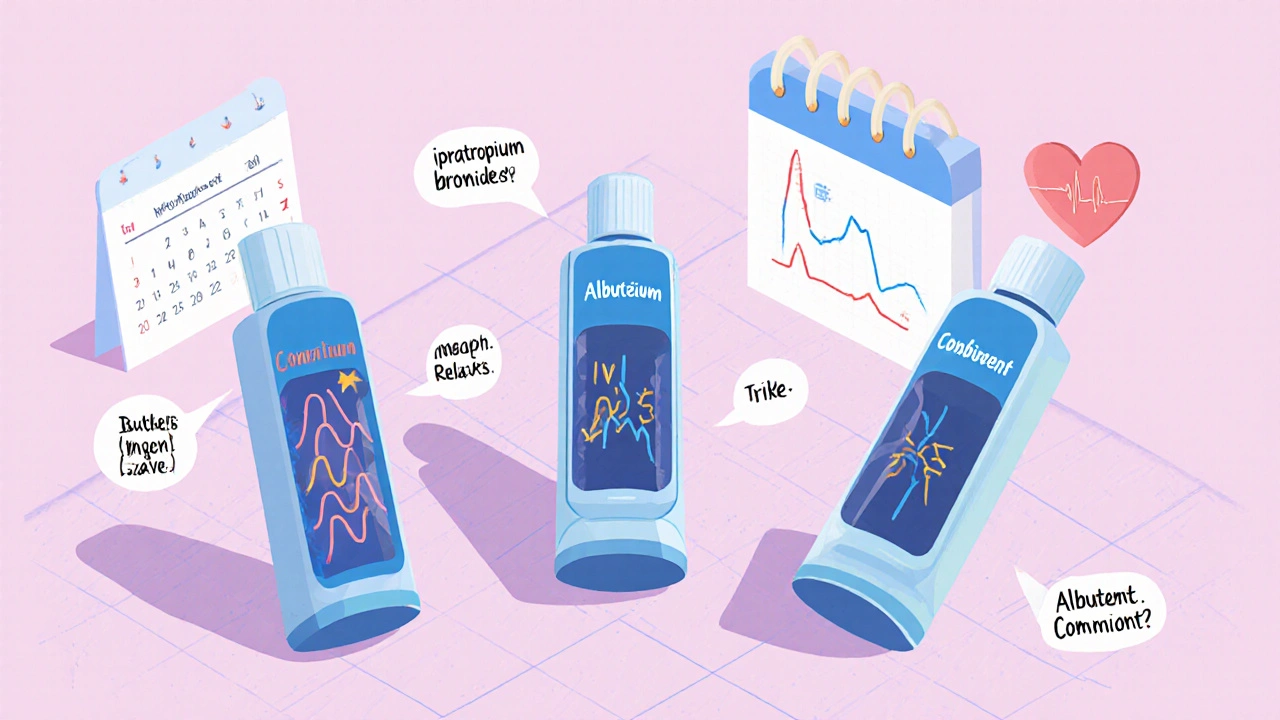Three inhalers compared in isometric view showing different mechanisms of action