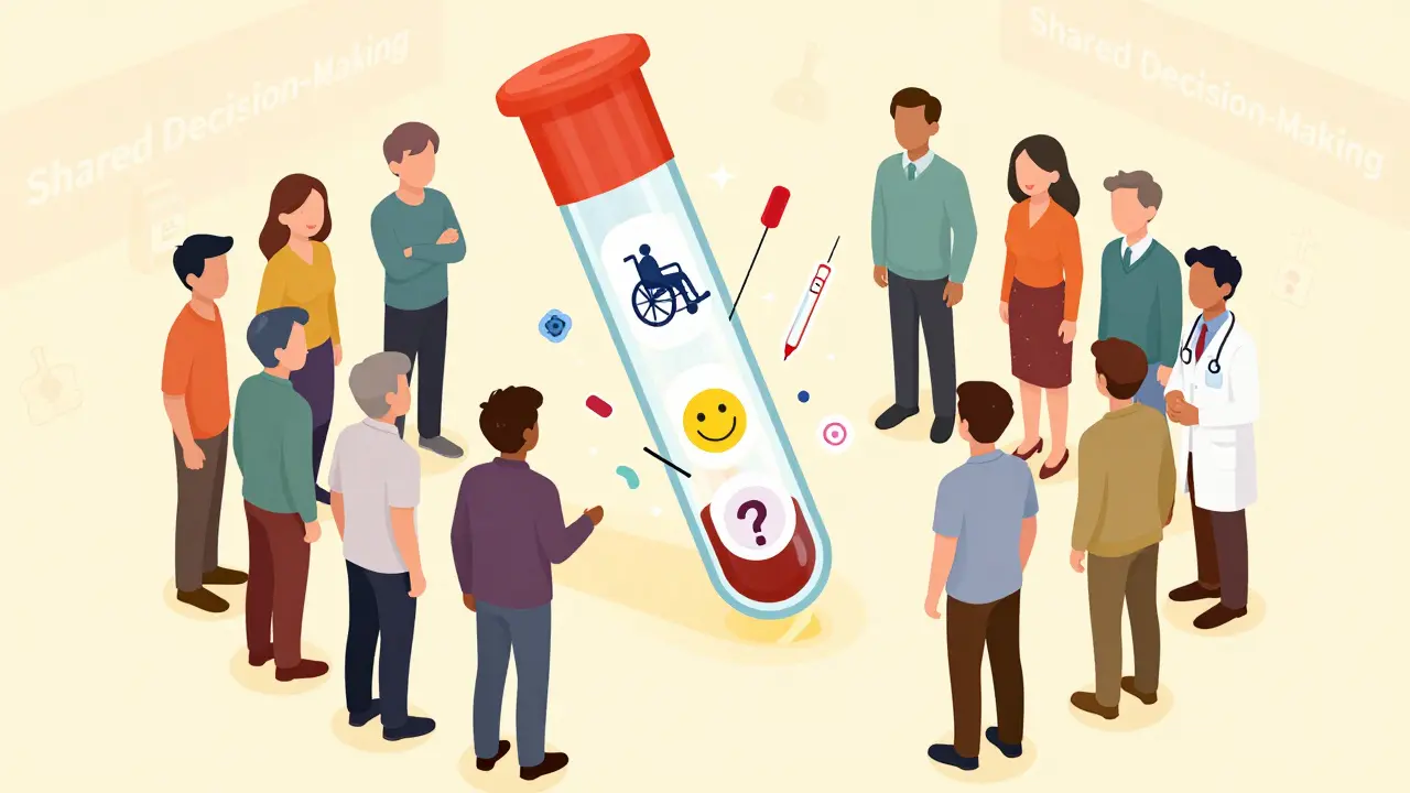 A fractured PSA test tube reveals different outcomes as diverse men contemplate screening choices in isometric illustration.