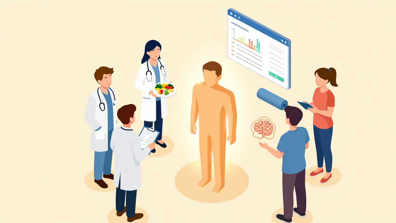 A healthcare team supporting a patient with tools for mental and physical health in an isometric medical scene.