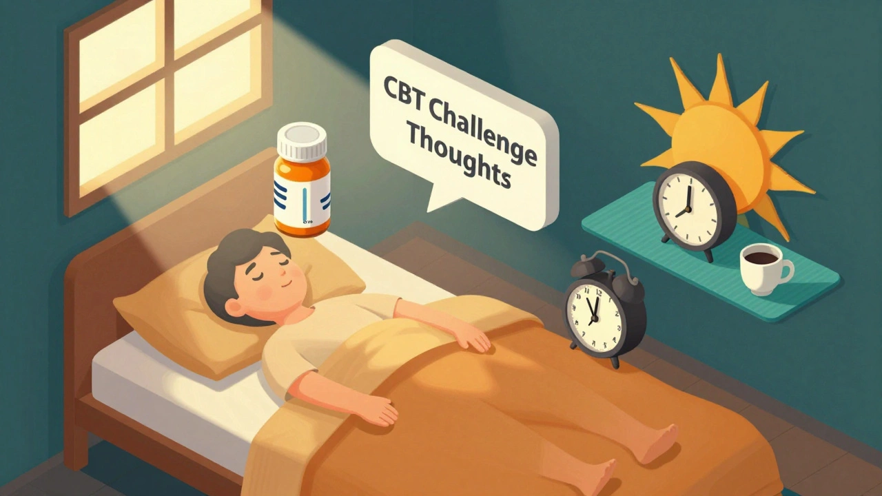 A person in bed with floating symbols of medication, therapy, and healthy habits illuminated by morning light.