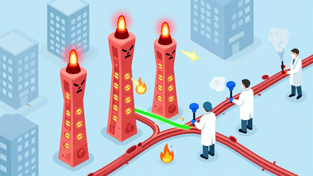 Cartoon immune system city where hydroxychloroquine workers silence alarm towers to reduce inflammation signals.