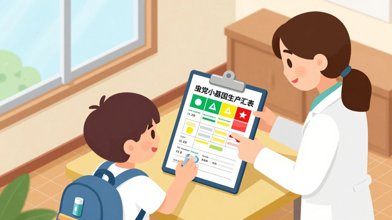 Child and school staff reviewing an asthma plan with icon-based color zones.