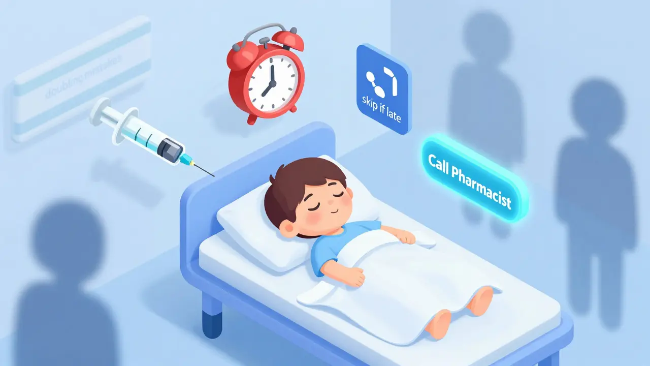 Child sleeping peacefully with safety tools like syringe, alarm, and skip-icon floating nearby.