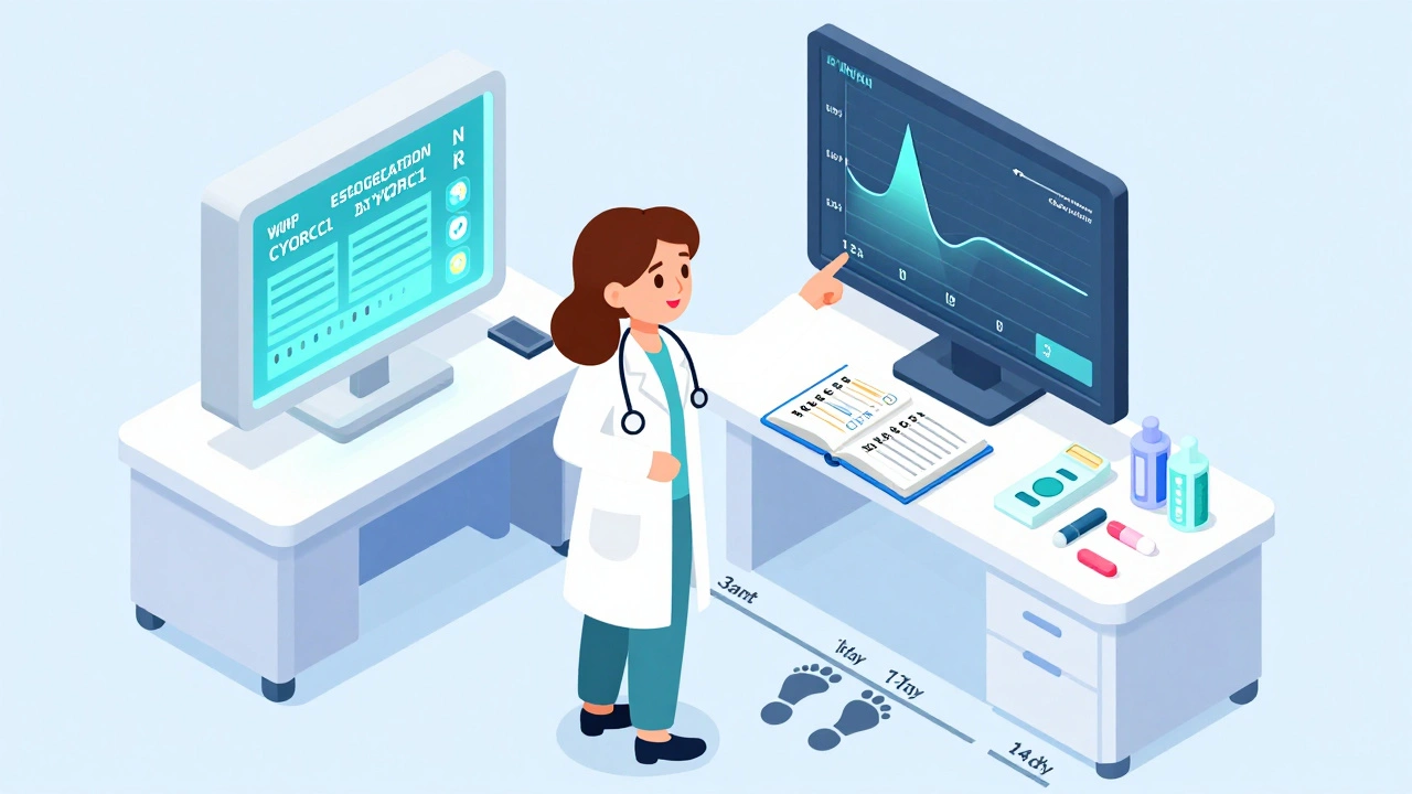 Clinic scene with INR dashboard, genetic testing kit, and patient logging doses alongside safer contraceptive options.