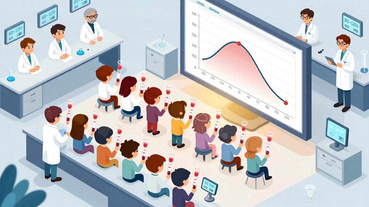 Clinical study scene with volunteers and floating data showing bioequivalence ranges.