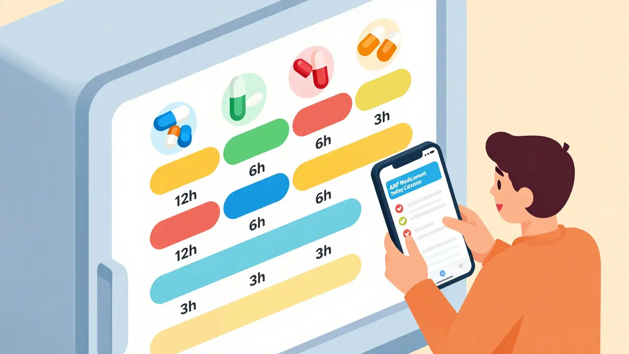 Color-coded medication schedule chart on fridge with smartphone app and completed dose checklist.