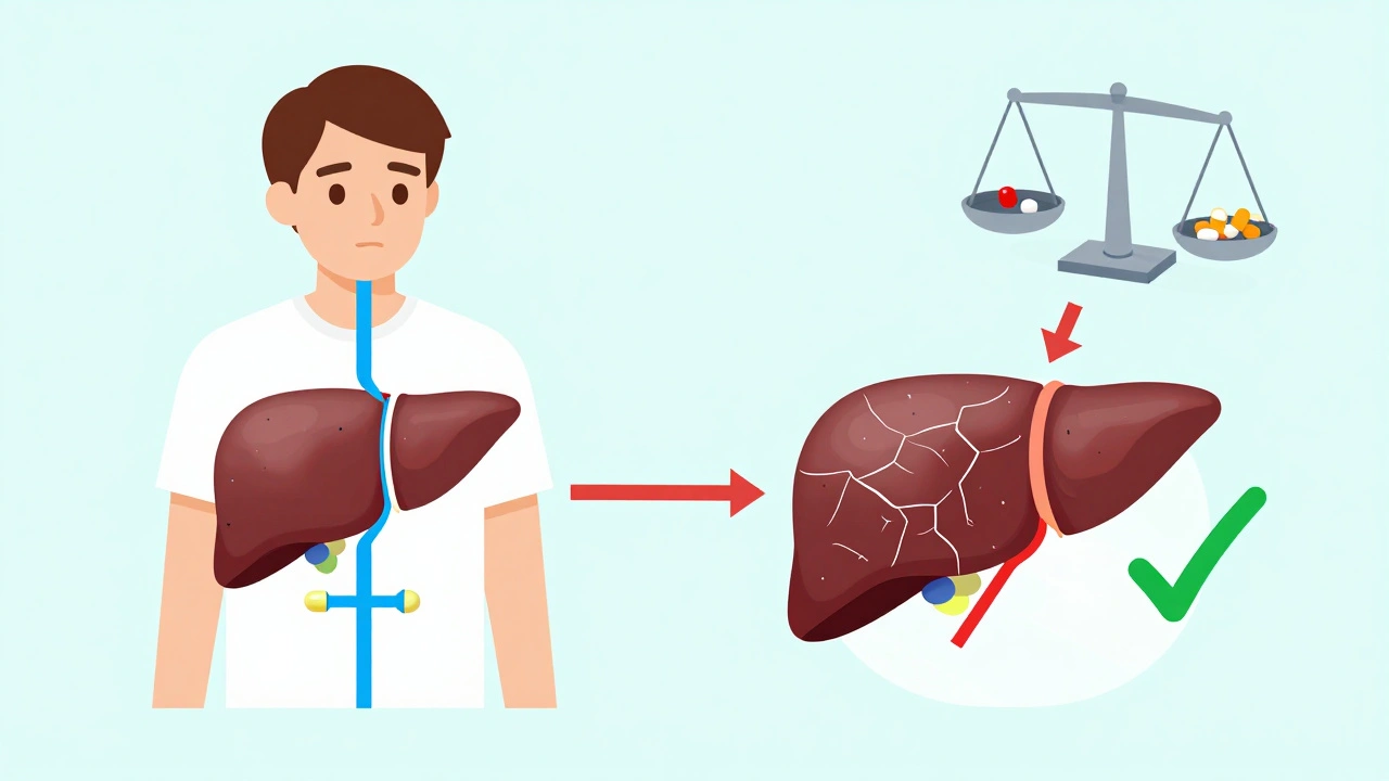 Contrasting healthy and cirrhotic liver processing opioids, with toxic buildup and safe alternatives.