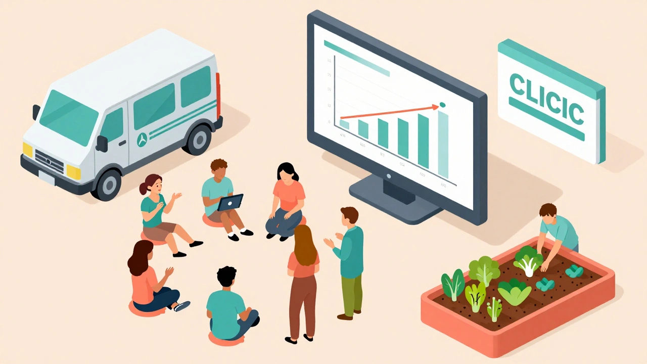 Diverse people in a community hub practicing therapy, mindfulness, and healthy eating under a well-being progress screen.