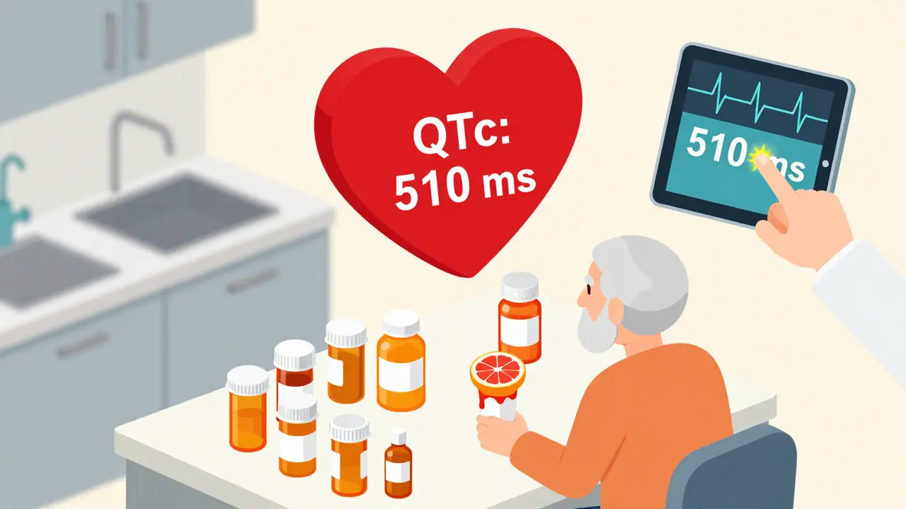 Elderly person surrounded by pills and grapefruit, with a warning heart sign and high QTc reading in isometric medical style.