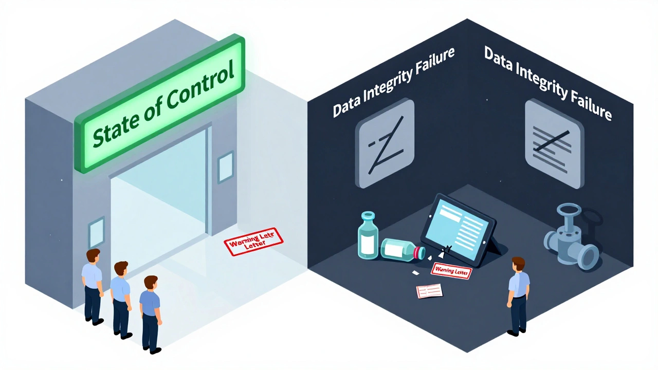 Facility with glowing &#039;State of Control&#039; sign versus chaotic &#039;Data Integrity Failure&#039; corner.