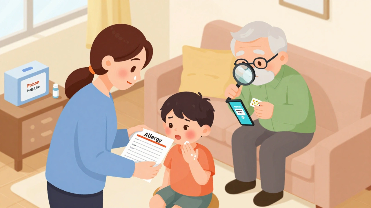 Family member applying cream to a child&#039;s rash while consulting a printed medication list at home.