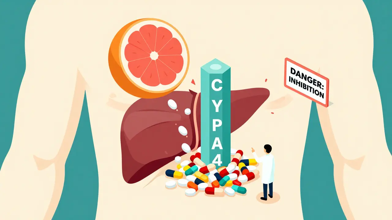 Grapefruit smashing into liver enzyme tower, causing drug buildup in stylized medical illustration.