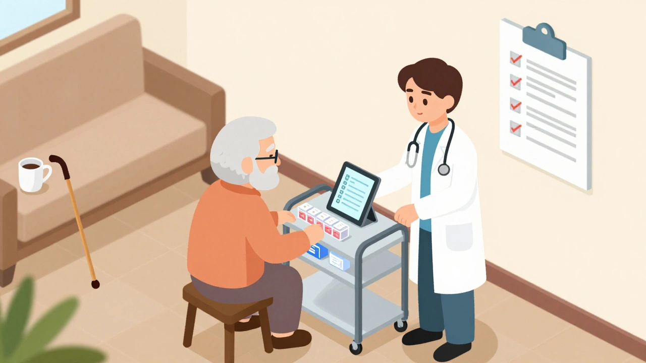 Healthcare worker visiting homebound patient with medication cart and checklist