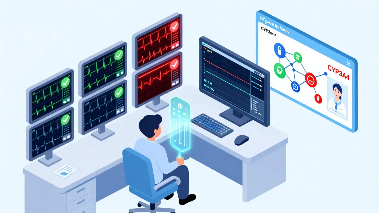 Hospital control room with ECG monitors, AI system analyzing T-wave intervals, and drug interaction warnings in isometric design.
