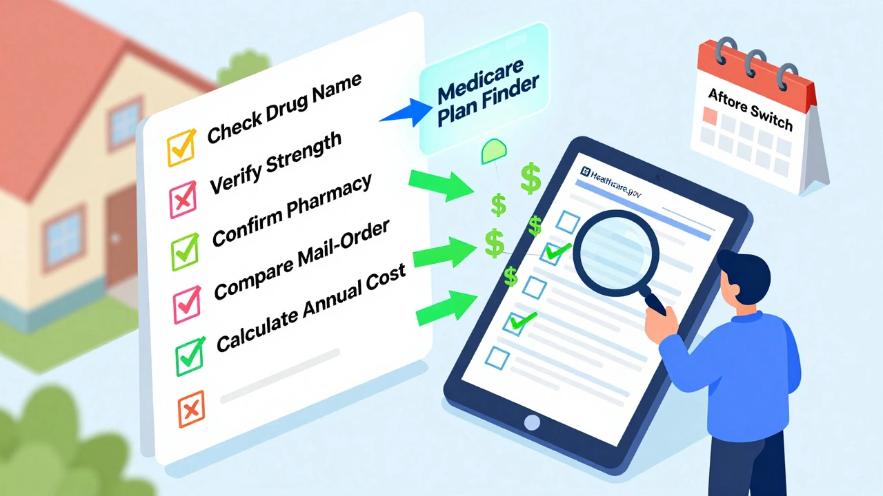 Isometric cartoon showing a checklist being verified with official health plan tools, guiding someone to save on medications.