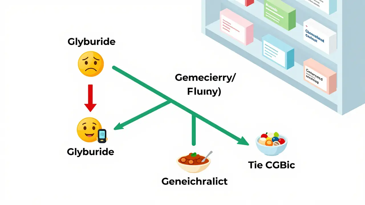 Isometric medical decision tree showing safer diabetes medication options with glowing CGM and meal icons.