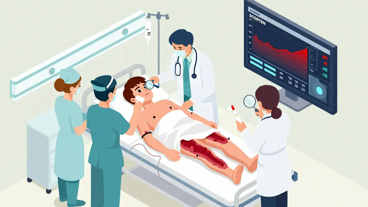 Isometric view of an ICU patient with skin detachment, nurses applying dressings, and a doctor examining a biopsy sample.