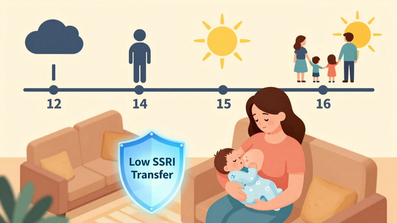 Mother breastfeeding baby with protective shield and timeline showing life paths of treated vs untreated depression.