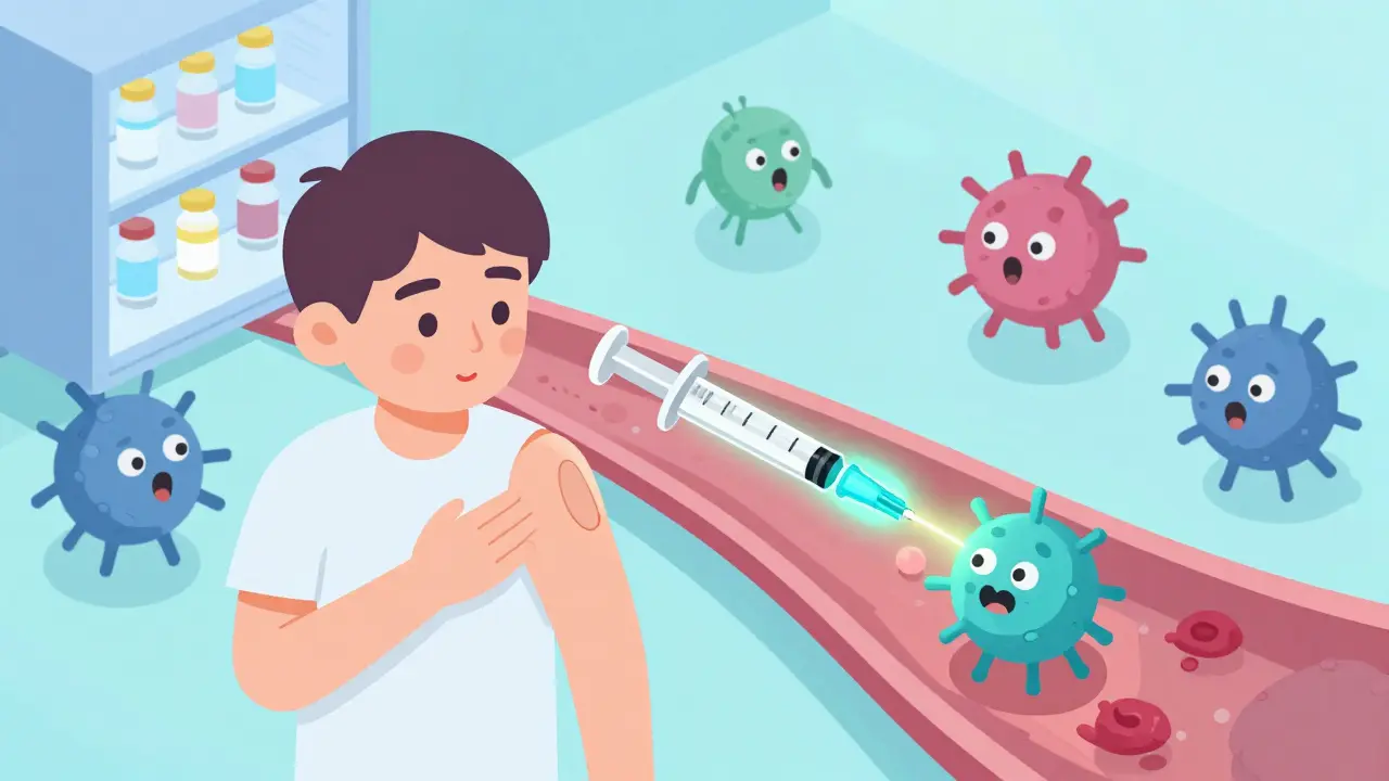Patient injecting biologic medication that targets a single inflammatory protein.